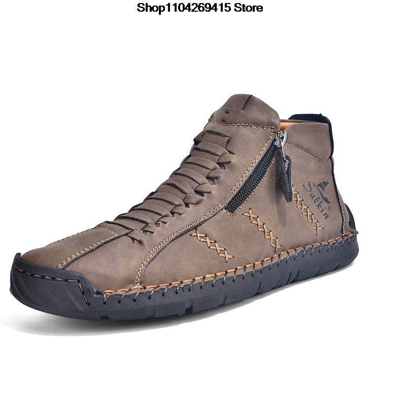 Men'S Shoes Zipper - 2027 Handgemaakte Kunstleren Herenlaarzen Ademende Casual