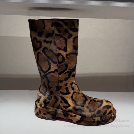 Men'S Shoes Zipper - Bruin Suède Luipaardprint Mid Kuit Laarzen